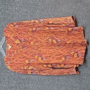 Lucky Brand Womens Orange Floral Blouse Top Scoop Neck Long Sleeve